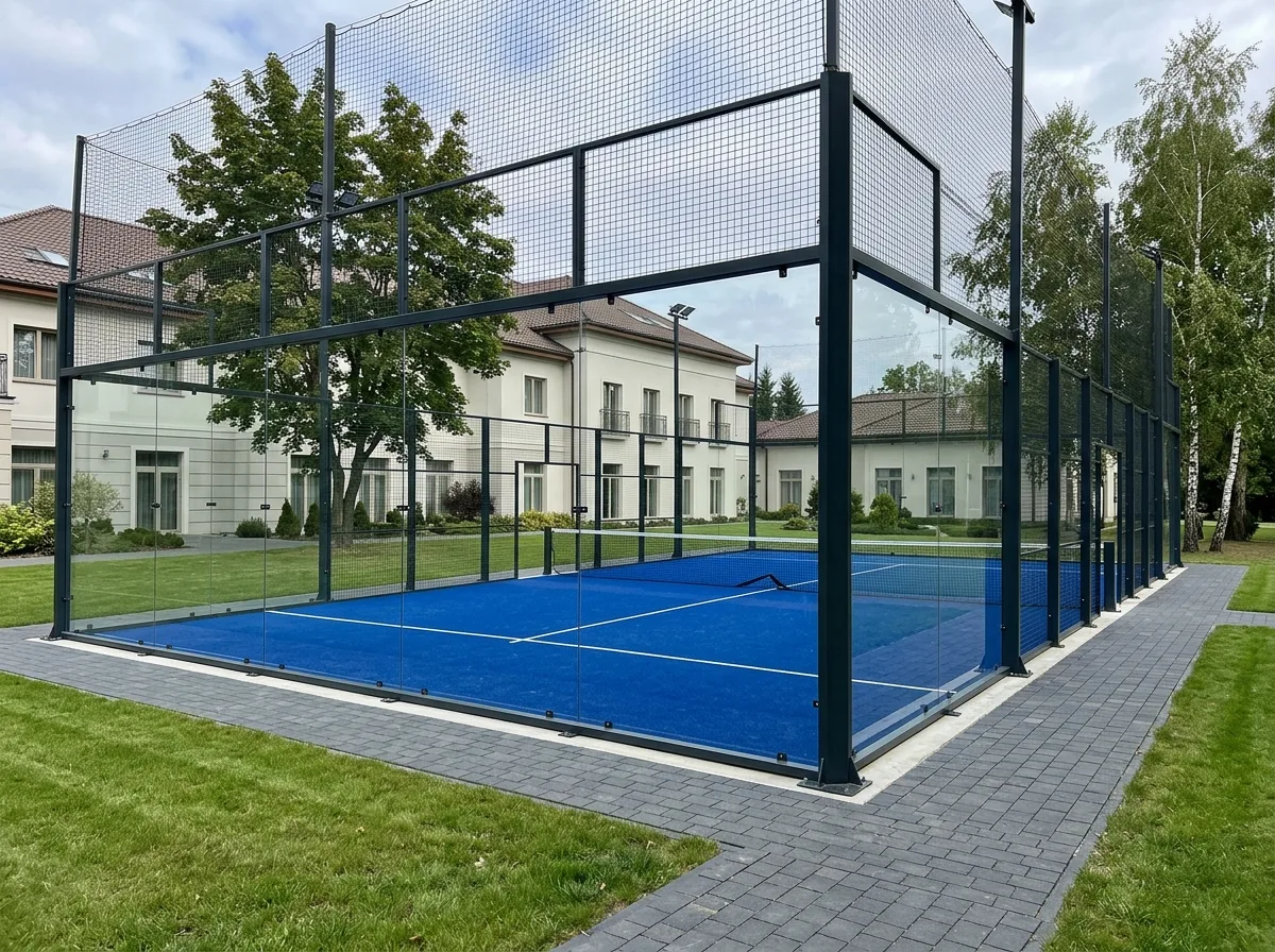 Zewnętrzny kort do padla z niebieską nawierzchnią, czarną konstrukcją i siatką ochronną otoczony zielenią