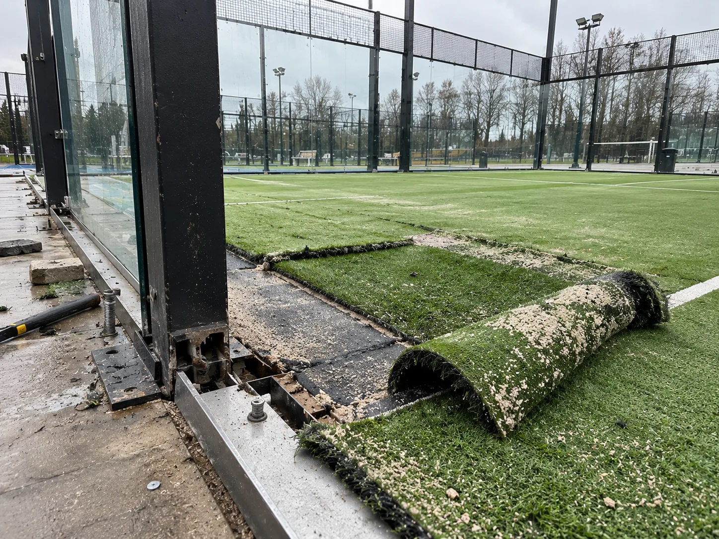 Wymiana murawy na korcie do padla - zwoje starej i nowej sztucznej trawy przy konstrukcji