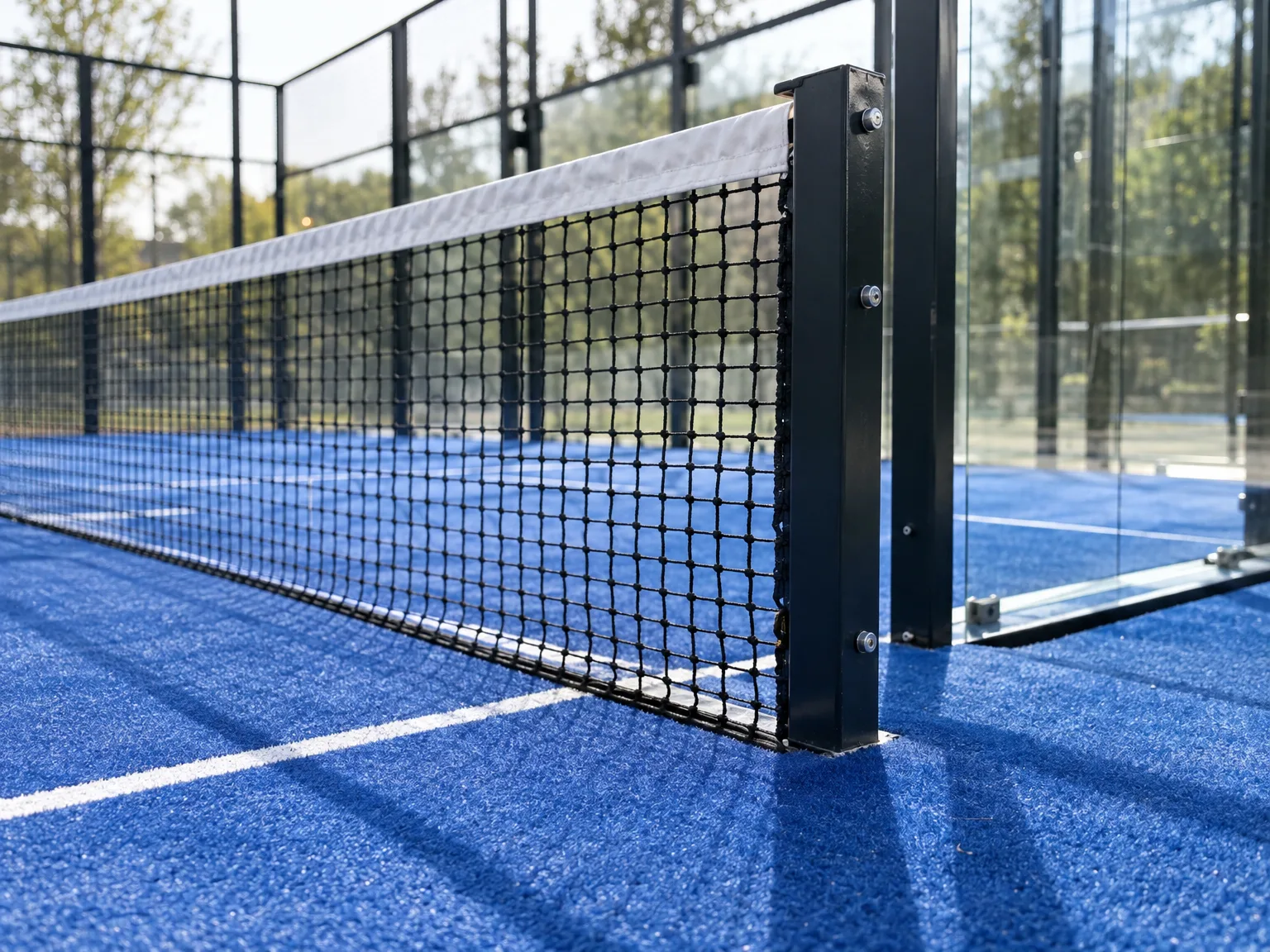 Siatka kortu do padla z niebieską nawierzchnią sportową i czarnym słupem nośnym