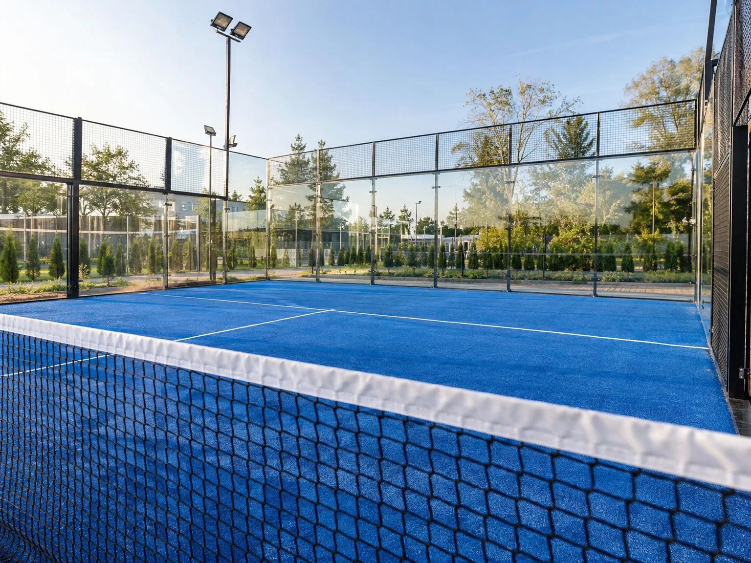 Siatka tenisowa na korcie do padla z niebieską nawierzchnią sportową