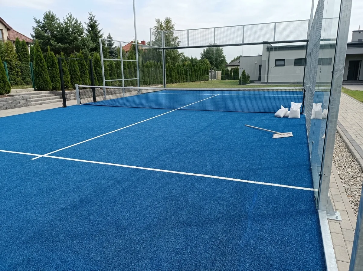 Nowy kort do padla z niebieską sztuczną murawą i białymi liniami podziału pola gry